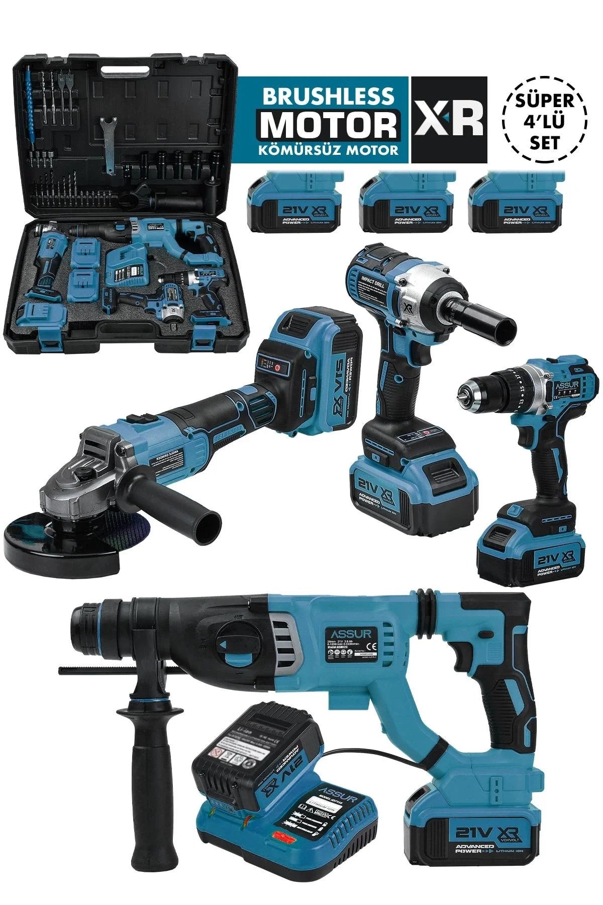 Assur Profesyonel 21v Akülü Somun Sıkma Sökme Matkap Taşlama Kırıcı Delici Hilti 4'lü Set