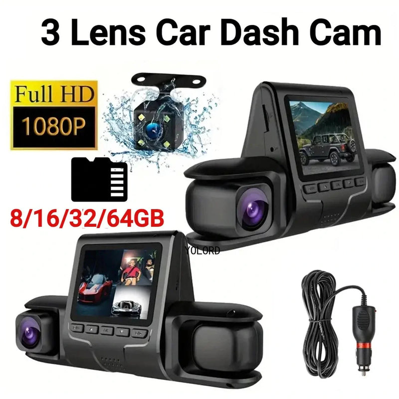 1080p Üçlü Lens Araba Dash Cam Dashcam Ön İç & Arka Hd Araba Dvr 120 ° Açı Döngü Kaydı Yerçekimi Sensörü