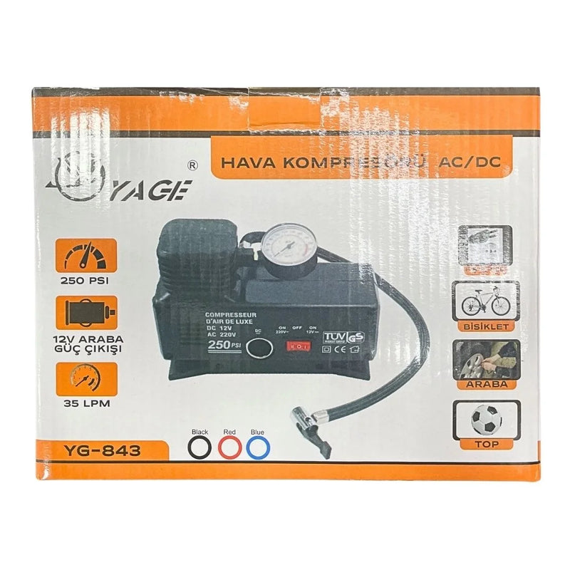 220 Volt-12 Volt 250 Psi Kompresör Lastik Hava Şişirme Oto Pompası Fişli Ve Çakmaklı Yage-843