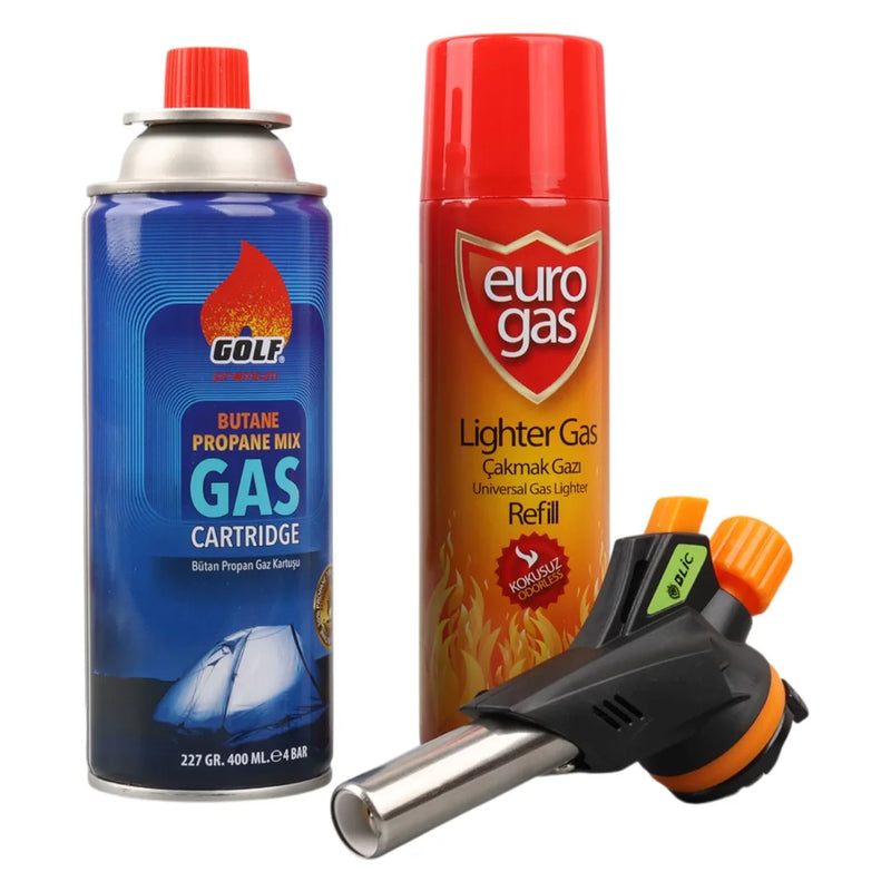 3 Parça Profesyonel Pürmüz Seti Pürmüz Torch Çakmak Başlık- Kamp Gazı 400ml- Çakmak Gazı 270