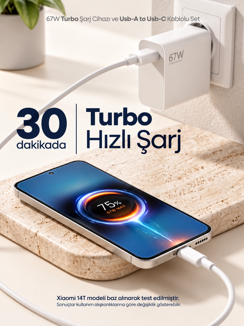 67W Turbo Şarj Cihazı ve USB-A to USB-C Kablo Seti
