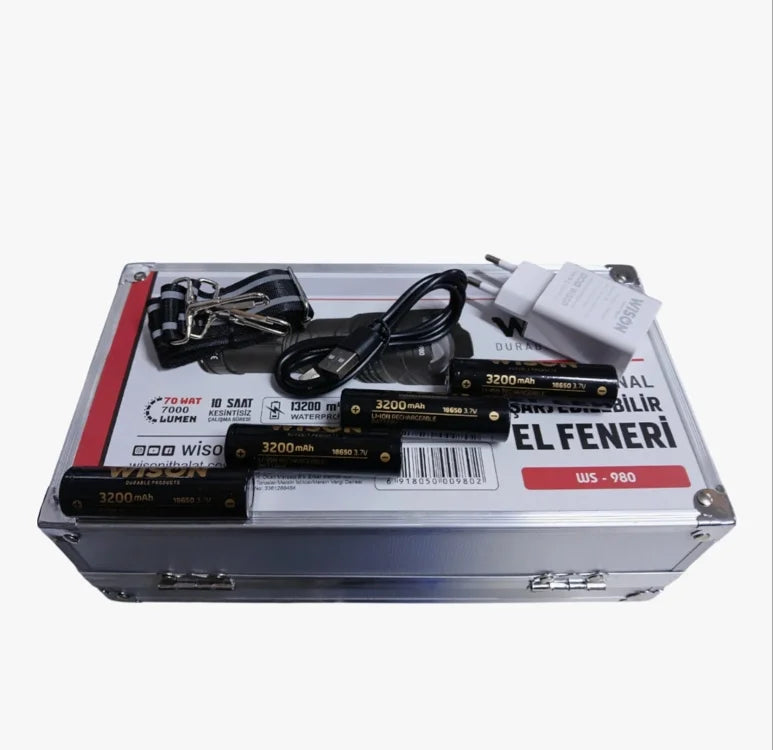 Wıson 980 Profesyonel Zoomlu El Feneri | 60w – 7000 Lümen – 13.200 Mah – Type‑c – Metal Gövde