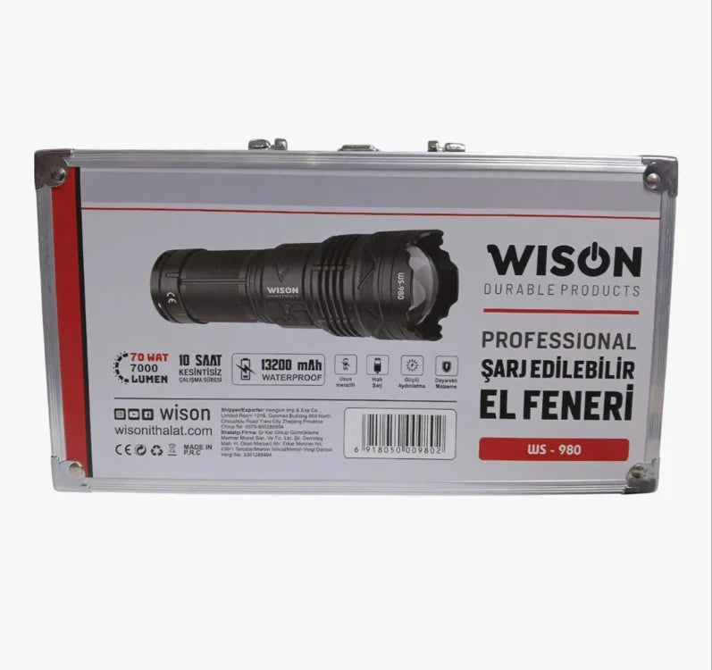 Wıson 980 Profesyonel Zoomlu El Feneri | 60w – 7000 Lümen – 13.200 Mah – Type‑c – Metal Gövde