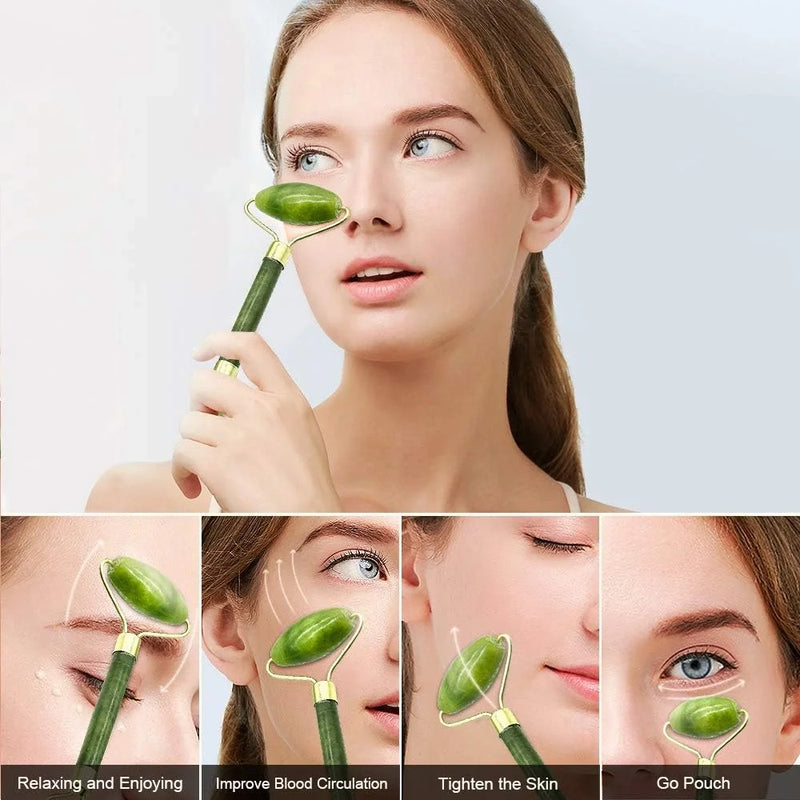 Egonex Yeşil doğal yeşim taşı yüz masaj aleti ve kalp gua sha yüz bakım taşı 2'li set jade face roller