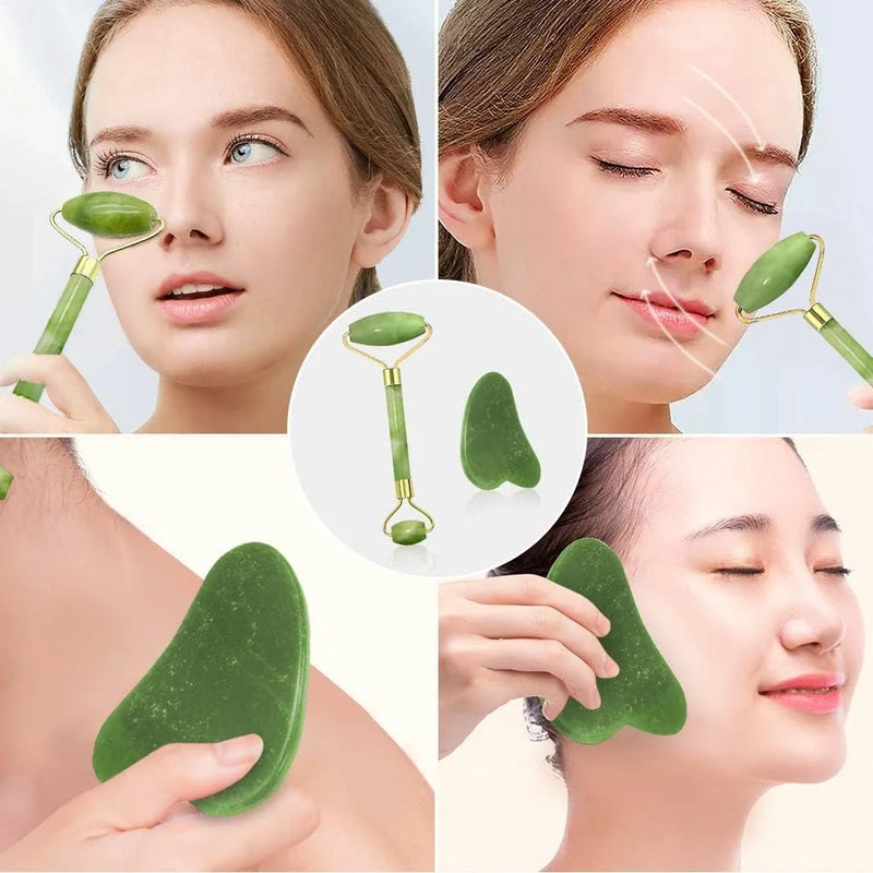 Egonex Yeşil doğal yeşim taşı yüz masaj aleti ve kalp gua sha yüz bakım taşı 2'li set jade face roller