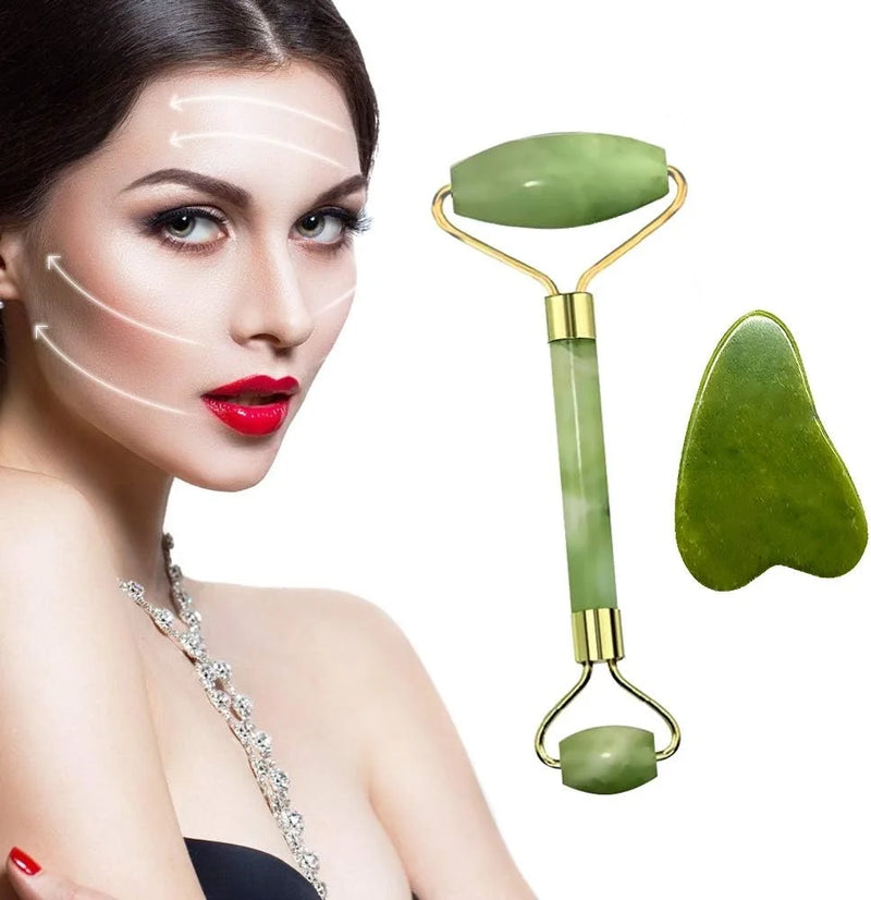 Egonex Yeşil doğal yeşim taşı yüz masaj aleti ve kalp gua sha yüz bakım taşı 2'li set jade face roller