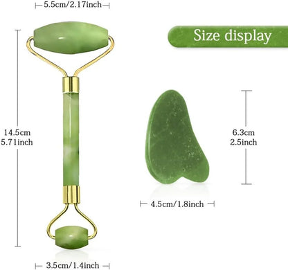 Egonex Yeşil doğal yeşim taşı yüz masaj aleti ve kalp gua sha yüz bakım taşı 2'li set jade face roller