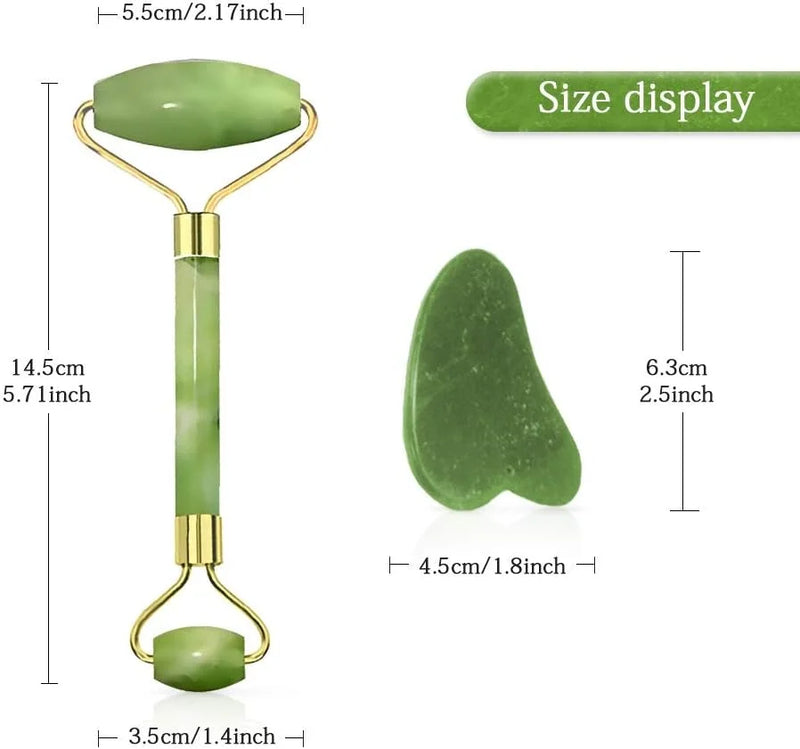 Egonex Yeşil doğal yeşim taşı yüz masaj aleti ve kalp gua sha yüz bakım taşı 2'li set jade face roller