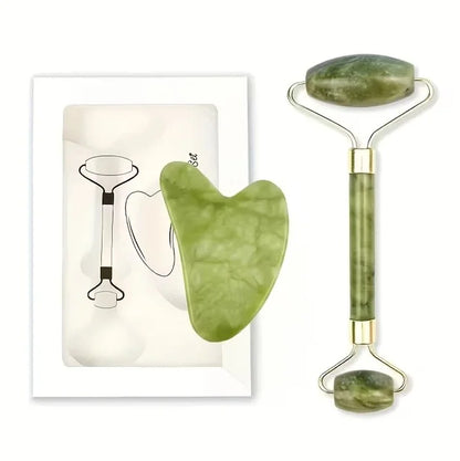 Egonex Yeşil doğal yeşim taşı yüz masaj aleti ve kalp gua sha yüz bakım taşı 2'li set jade face roller