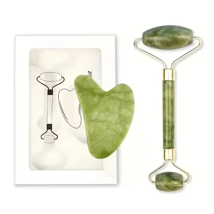 Egonex Yeşil doğal yeşim taşı yüz masaj aleti ve kalp gua sha yüz bakım taşı 2'li set jade face roller