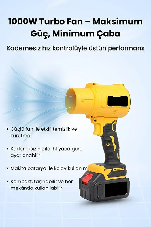 Gold Orion 21V Kablosuz Hava Üfleyici | 32.000RPM Turbo Fan, 12.000mAh Batarya, Bahçe & Araç Kurutma / Sarı