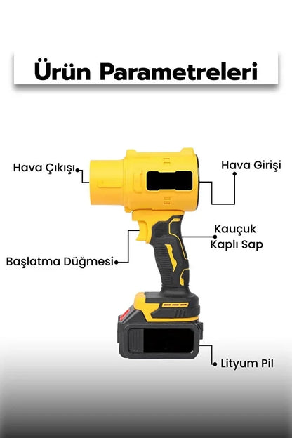 Gold Orion 21V Kablosuz Hava Üfleyici | 32.000RPM Turbo Fan, 12.000mAh Batarya, Bahçe & Araç Kurutma / Sarı