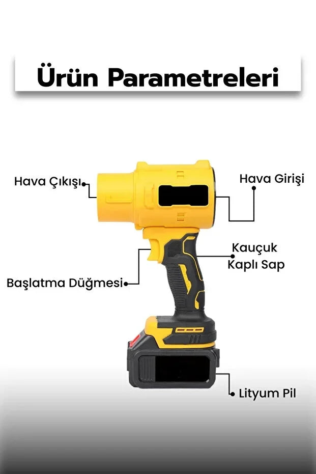 Gold Orion 21V Kablosuz Hava Üfleyici | 32.000RPM Turbo Fan, 12.000mAh Batarya, Bahçe & Araç Kurutma / Sarı