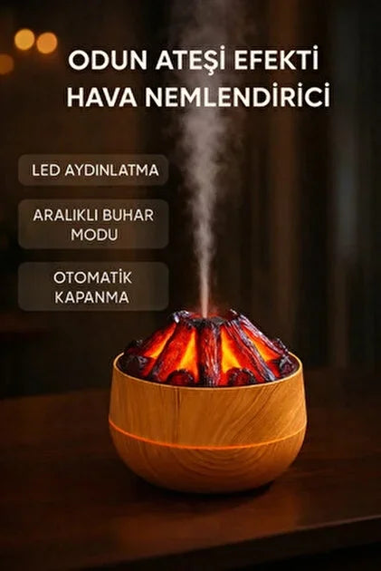 Egonex Ahşap Odun Ateşi Tasarımlı Hava Nemlendiricisi-Buhar Makinası-Aroma Difüzörü Led Işık Volkanik Alev 300ml