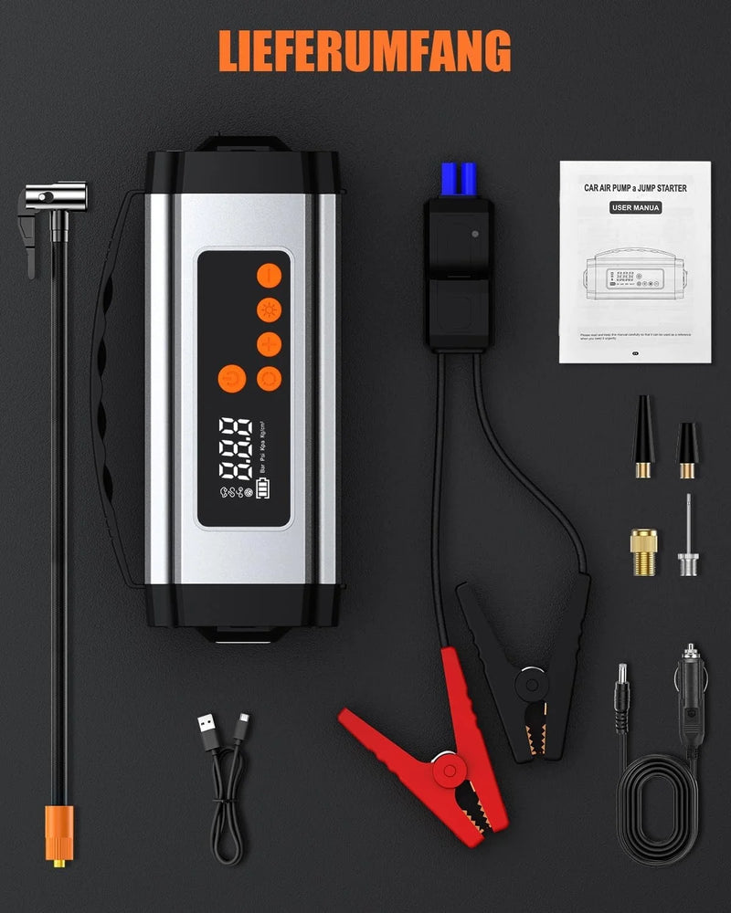 Pro Akü Takviye Şarj Cihazı 10000 Mah Akü Takviye Cihazı Akü Şarj Cihazı Lastik Şişirme Pompası 4in1 Jump Starter
