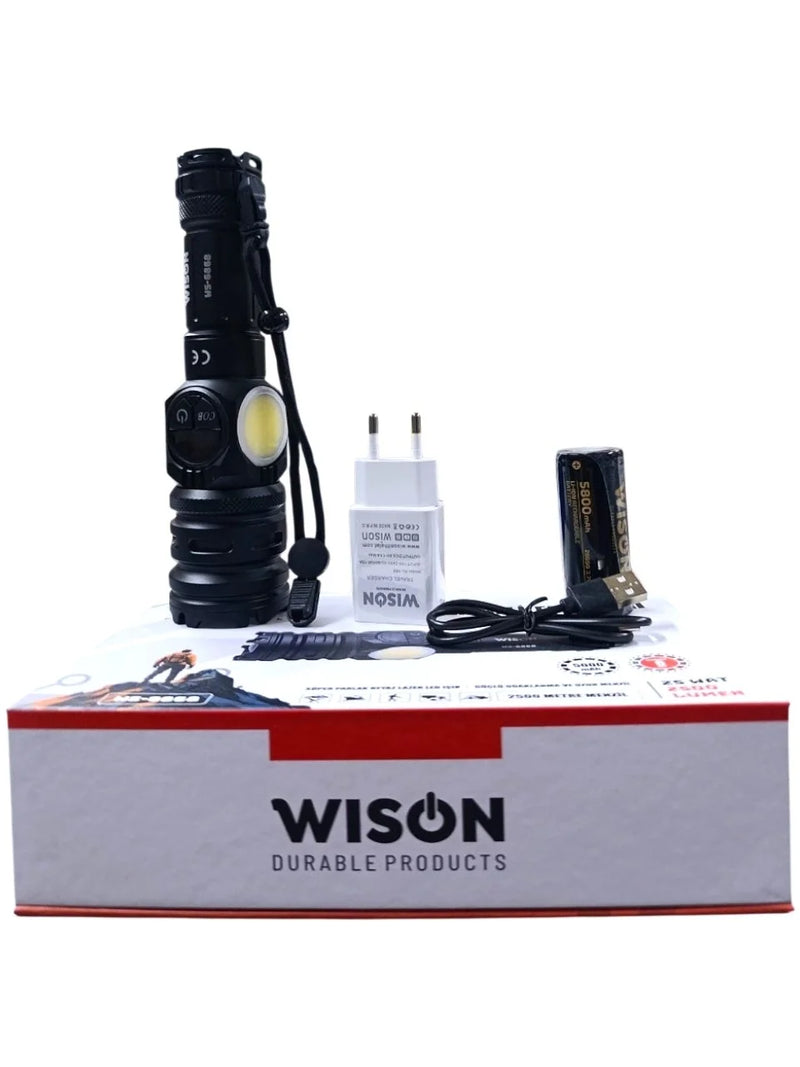 Wıson WS-6868 2500 lümen 25 wat 5000 mah Pil Şarj Edilebilir Uzun Menzilli El Feneri