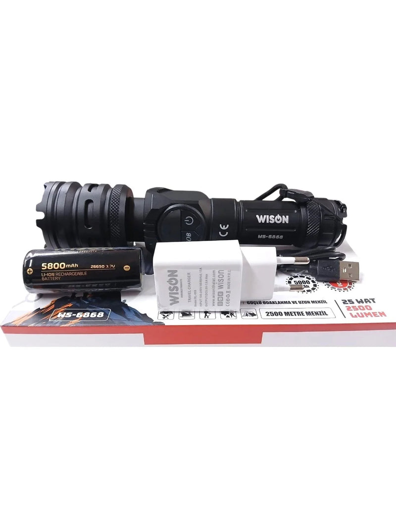 Wıson WS-6868 2500 lümen 25 wat 5000 mah Pil Şarj Edilebilir Uzun Menzilli El Feneri