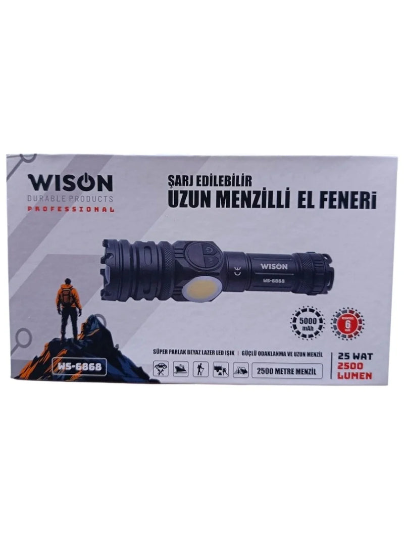 Wıson WS-6868 2500 lümen 25 wat 5000 mah Pil Şarj Edilebilir Uzun Menzilli El Feneri