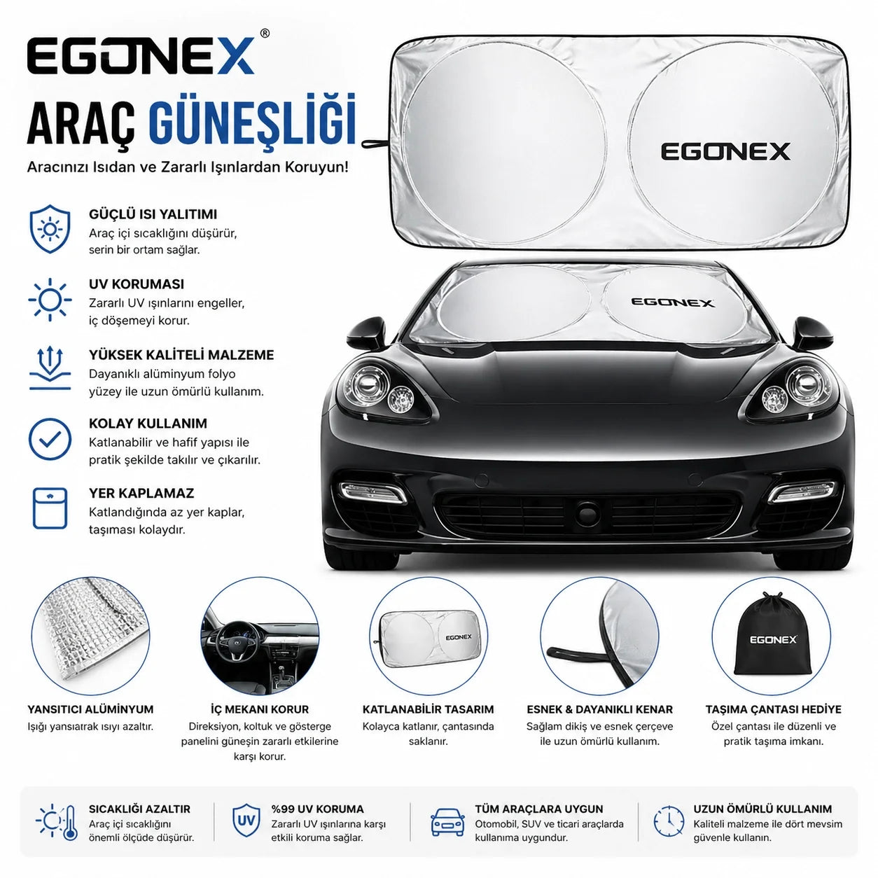 Egonex Yuvarlak Katlanabilir Oto Ön Cam Güneşlik