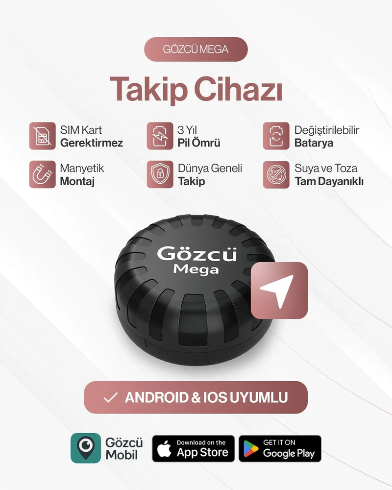 Gözcü Mega Android ve İos Uyumlu Takip Cihazı 3 Yıl Pil Ömrü Geçmişe Dönük Konum Gps Araç Motor Çocuk Gizli