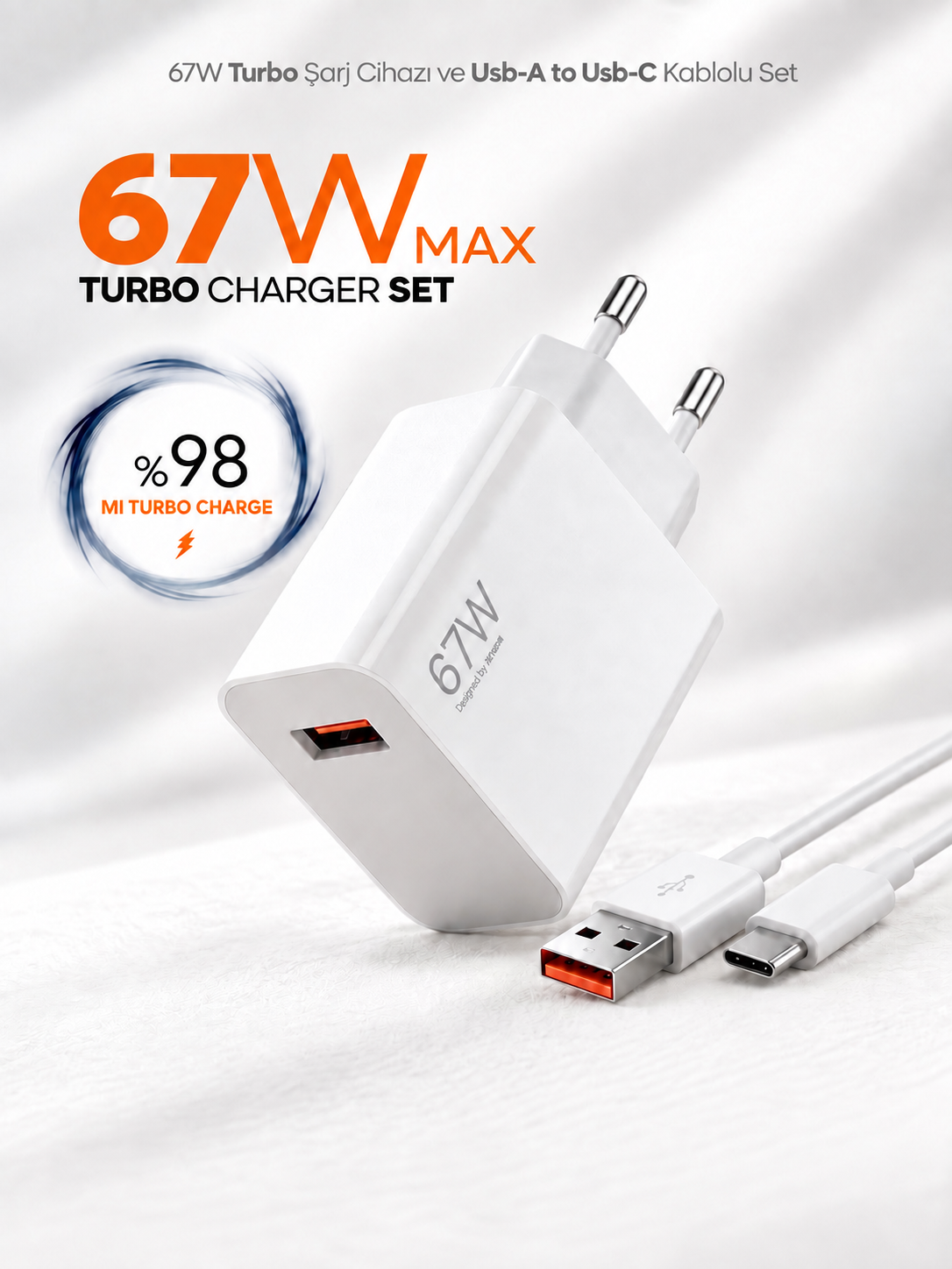 67W Turbo Şarj Cihazı ve USB-A to USB-C Kablo Seti