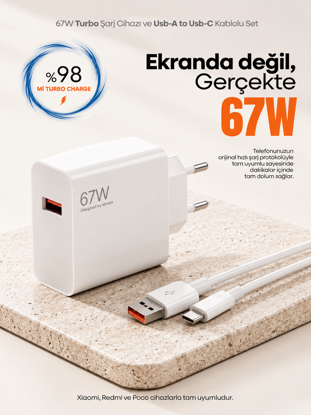 67W Turbo Şarj Cihazı ve USB-A to USB-C Kablo Seti