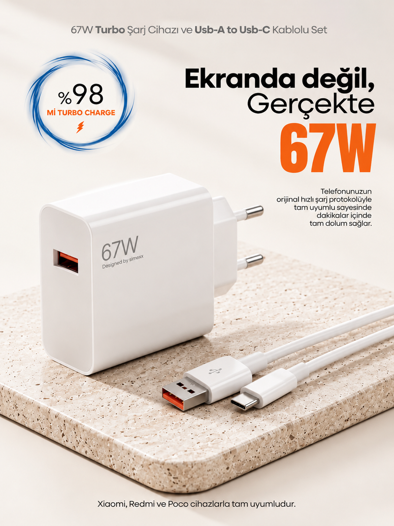 67W Turbo Şarj Cihazı ve USB-A to USB-C Kablo Seti