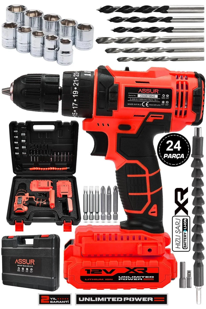 Assur 12v Çift Akülü Vidalama Metal Şanzıman Şarjlı Darbeli Matkap