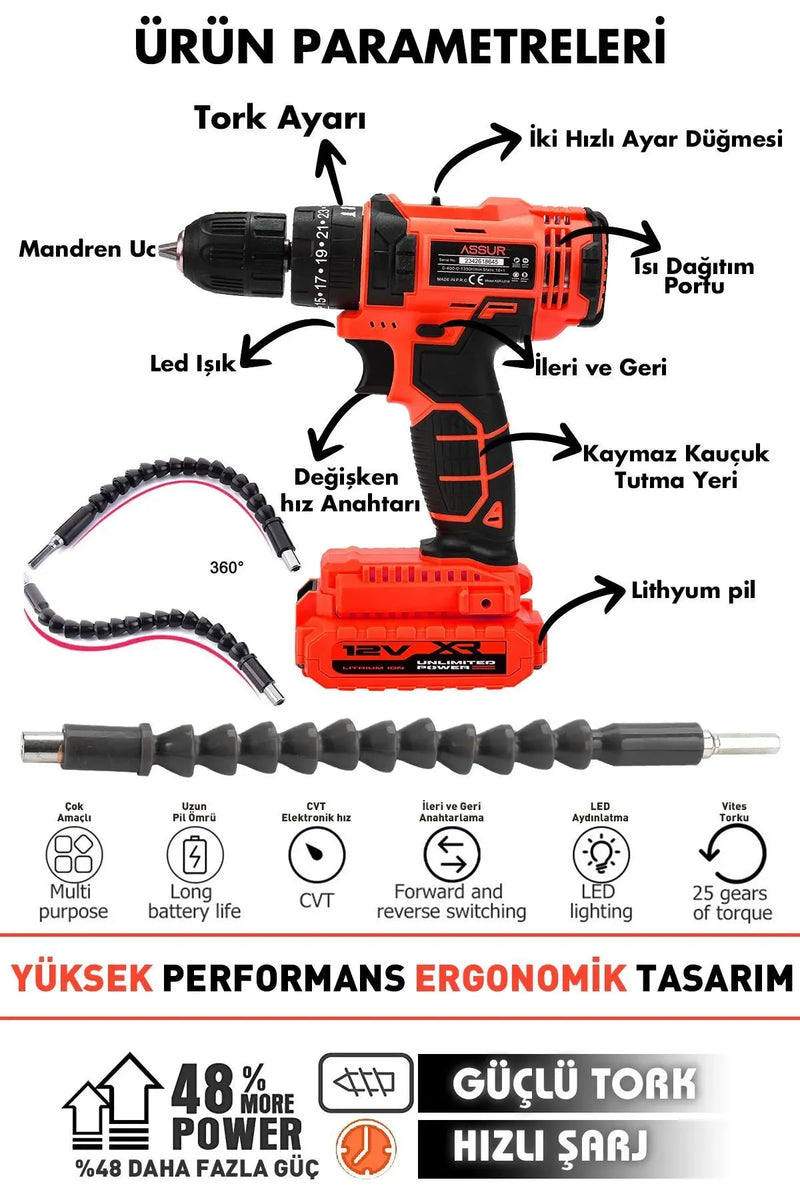 Assur 12v Çift Akülü Vidalama Metal Şanzıman Şarjlı Darbeli Matkap