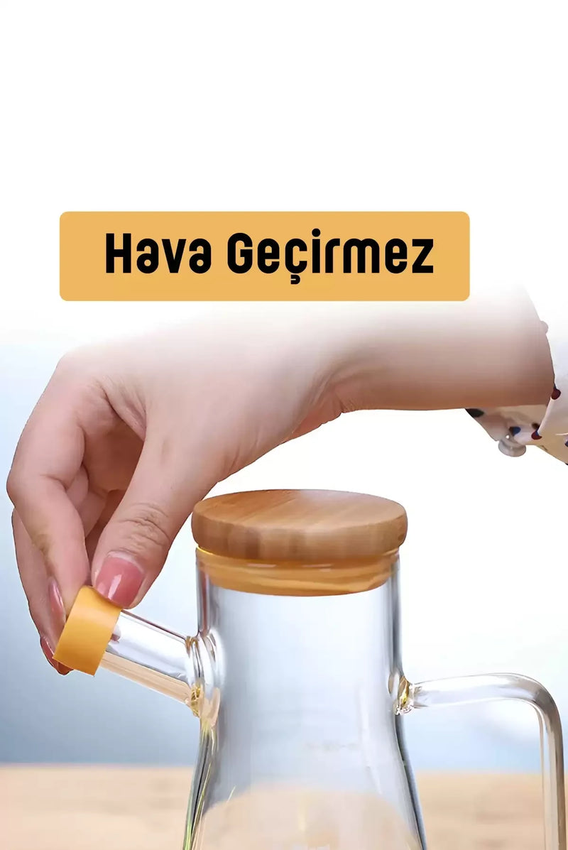 Egonex Bambu Kapaklı Cam Yağdanlık Vakumlu Borosilikat Cam Sirkelik Zeytinyağı Şişesi Yağlık