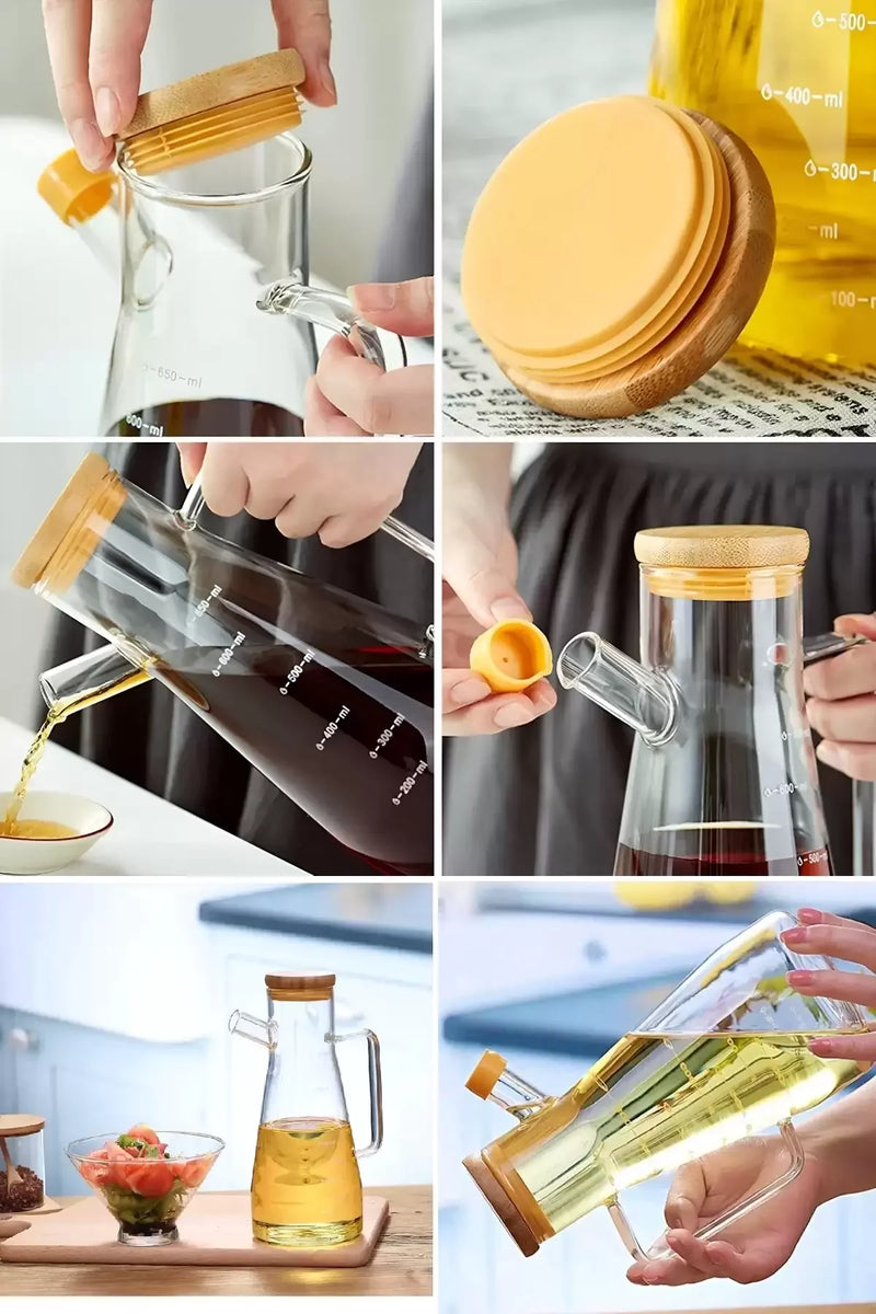 Egonex Bambu Kapaklı Cam Yağdanlık Vakumlu Borosilikat Cam Sirkelik Zeytinyağı Şişesi Yağlık
