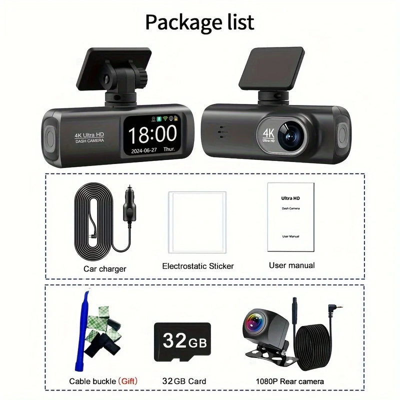 Hd Araç Kamerası Çift Yönlü Dash Cam 4k Uhd Ön Ve 1080p Fhd Arka Kameralı Wifi
