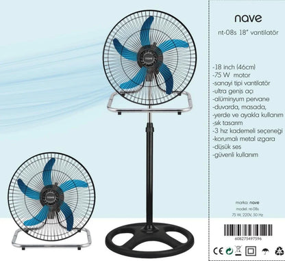Nave Vantilatör Nt-08s 18 Inch. Sanayi Tipi Vantilatör. 18" ( 46 Cm.) 75 Watt Motor