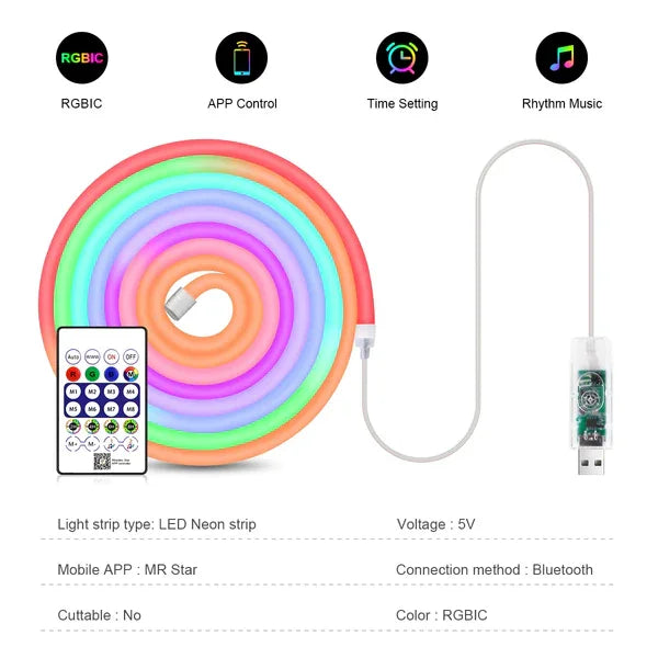 Neon Led Esnek Aydınlatma - Rgb Magıc Smart - 5 Metre Paket Ip67 - Uzaktan Kumanda + Uygulama
