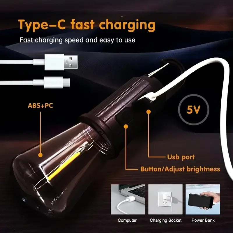 Rustik Taşınabilir Şarjlı Tasarruflu Ampul 10w Led Lamba Type-c Şarj Askılı Asma Aydınlatma T020