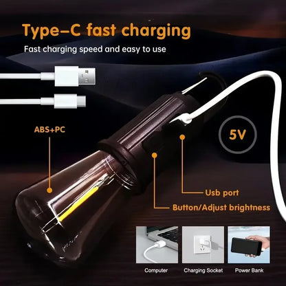 Rustik Taşınabilir Şarjlı Tasarruflu Ampul 10w Led Lamba Type-c Şarj Askılı Asma Aydınlatma T020