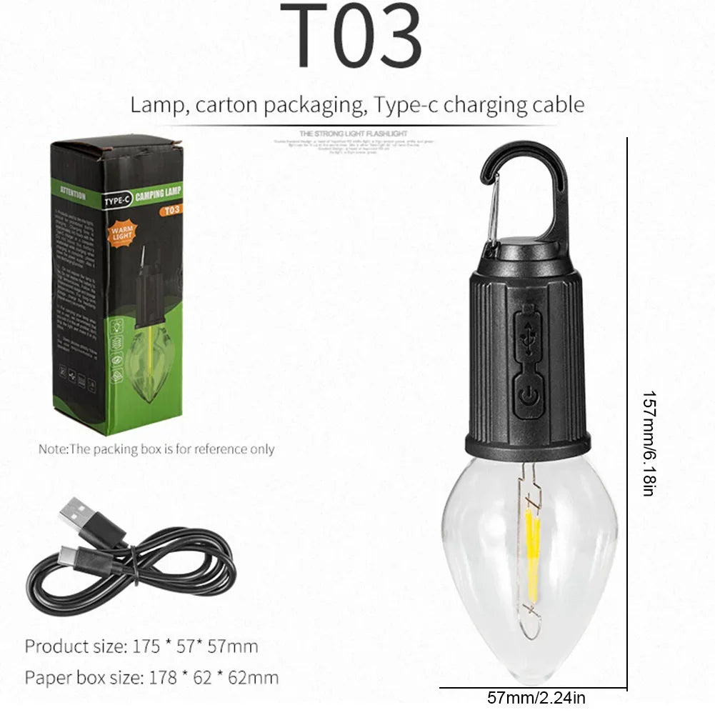 Rustik Taşınabilir Şarjlı Tasarruflu Ampul 10w Led Lamba Type-c Şarj Askılı Asma Aydınlatma T03