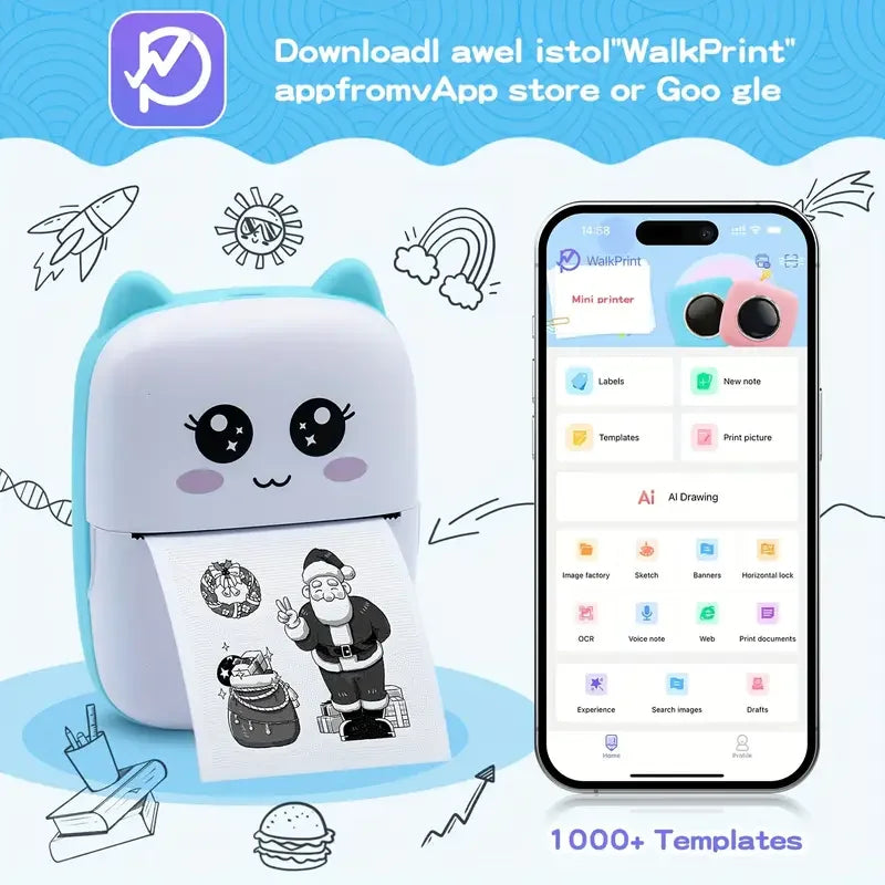 Taşınabilir Yazıcı, Mini Cep Kablosuz Termal Yazıcı Android İos Akıllı Telefonlar İçin Uygun, Bt Mürekkepsiz Baskı, Etiketler, Fişler, Fotoğraflar, Notlar, Öğrenme