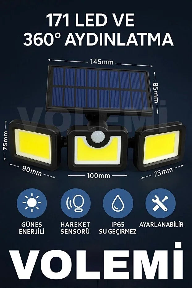 Volemi Üçlü Solar Led Projektör – Beyaz Işık – Sensörlü Dış Mekân Aydınlatma