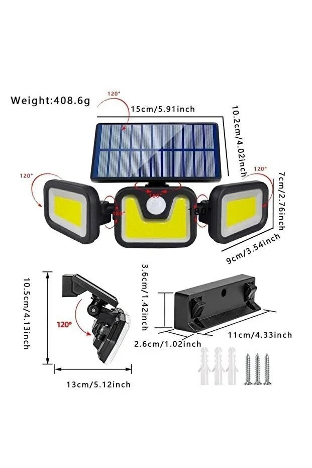 Volemi Üçlü Solar Led Projektör – Beyaz Işık – Sensörlü Dış Mekân Aydınlatma