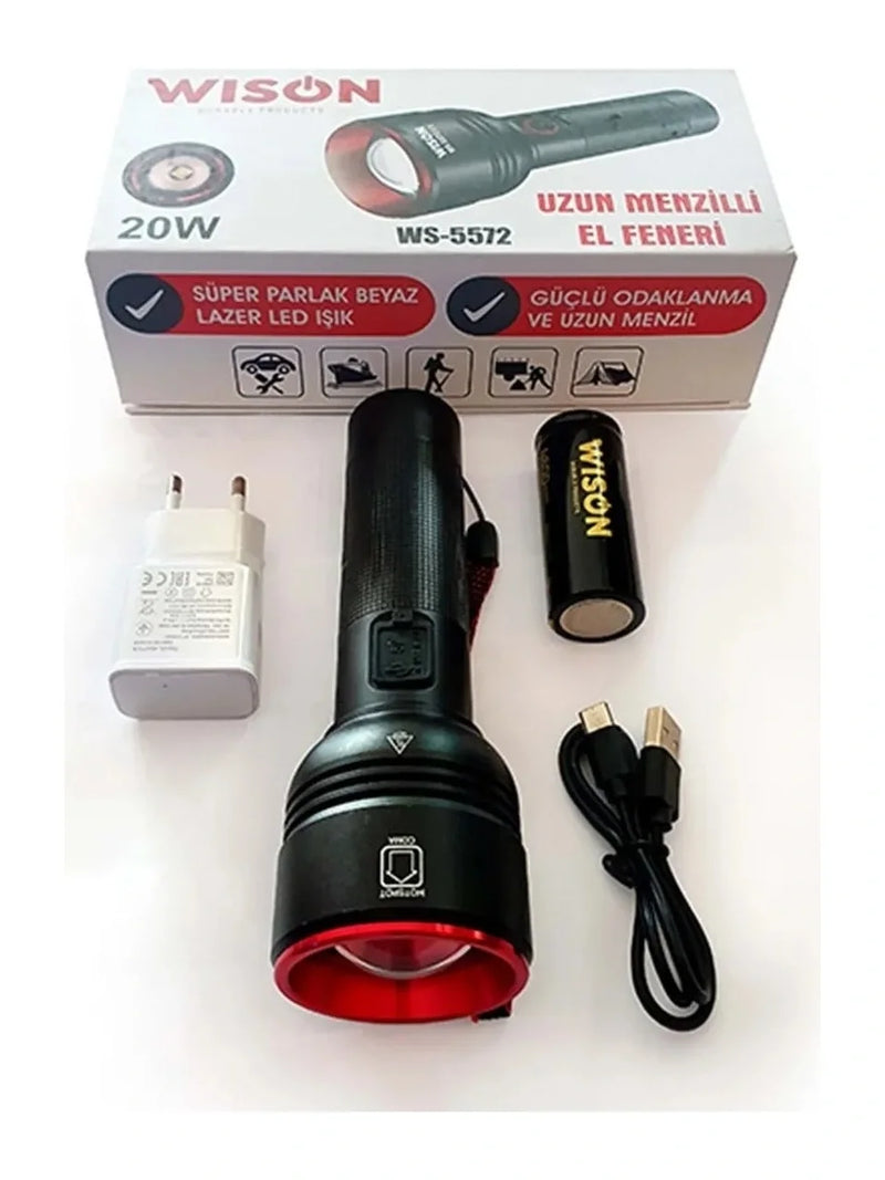 Wıson Ws-5572 20w Uzun Menzilli Şarjlı Metal El Feneri