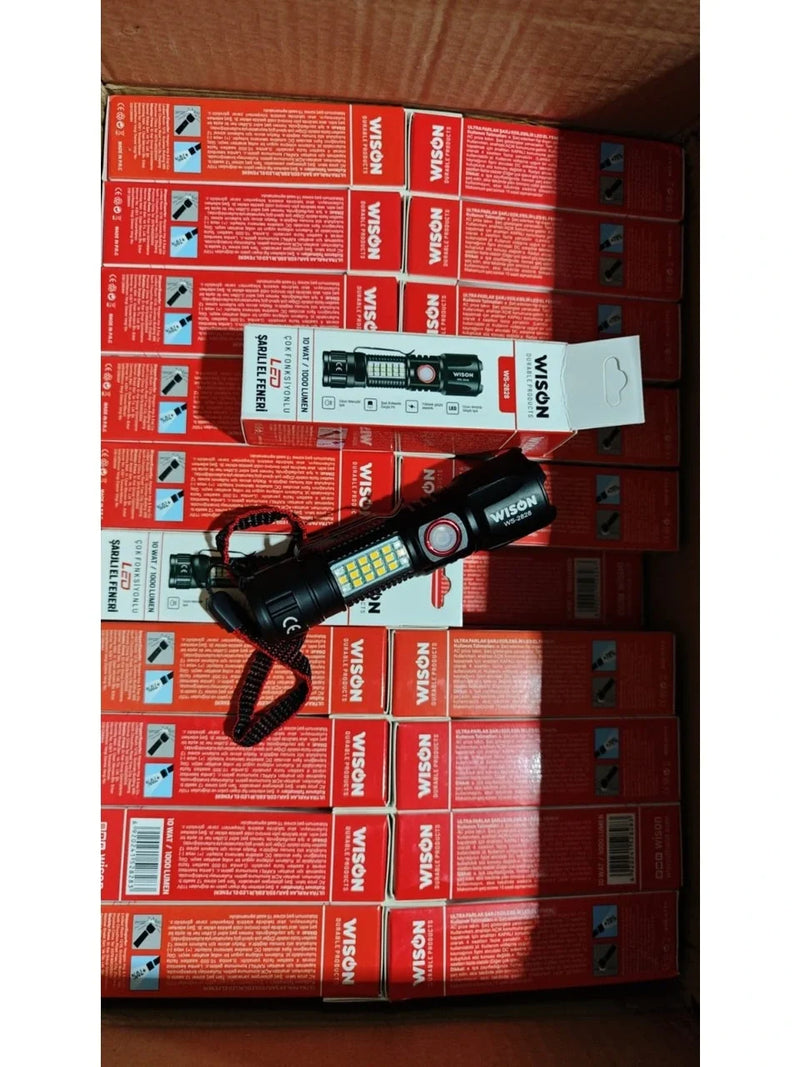 Ws-2828 Ultra Usb Şarjlı Polis El Feneri, Bekçi, Asker El Feneri Kırmızı Mavi Çakarlı 1000 Lümen