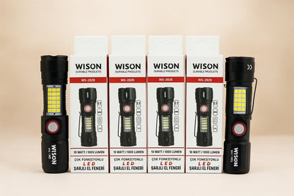 Ws-2828 Ultra Usb Şarjlı Polis El Feneri, Bekçi, Asker El Feneri Kırmızı Mavi Çakarlı 1000 Lümen